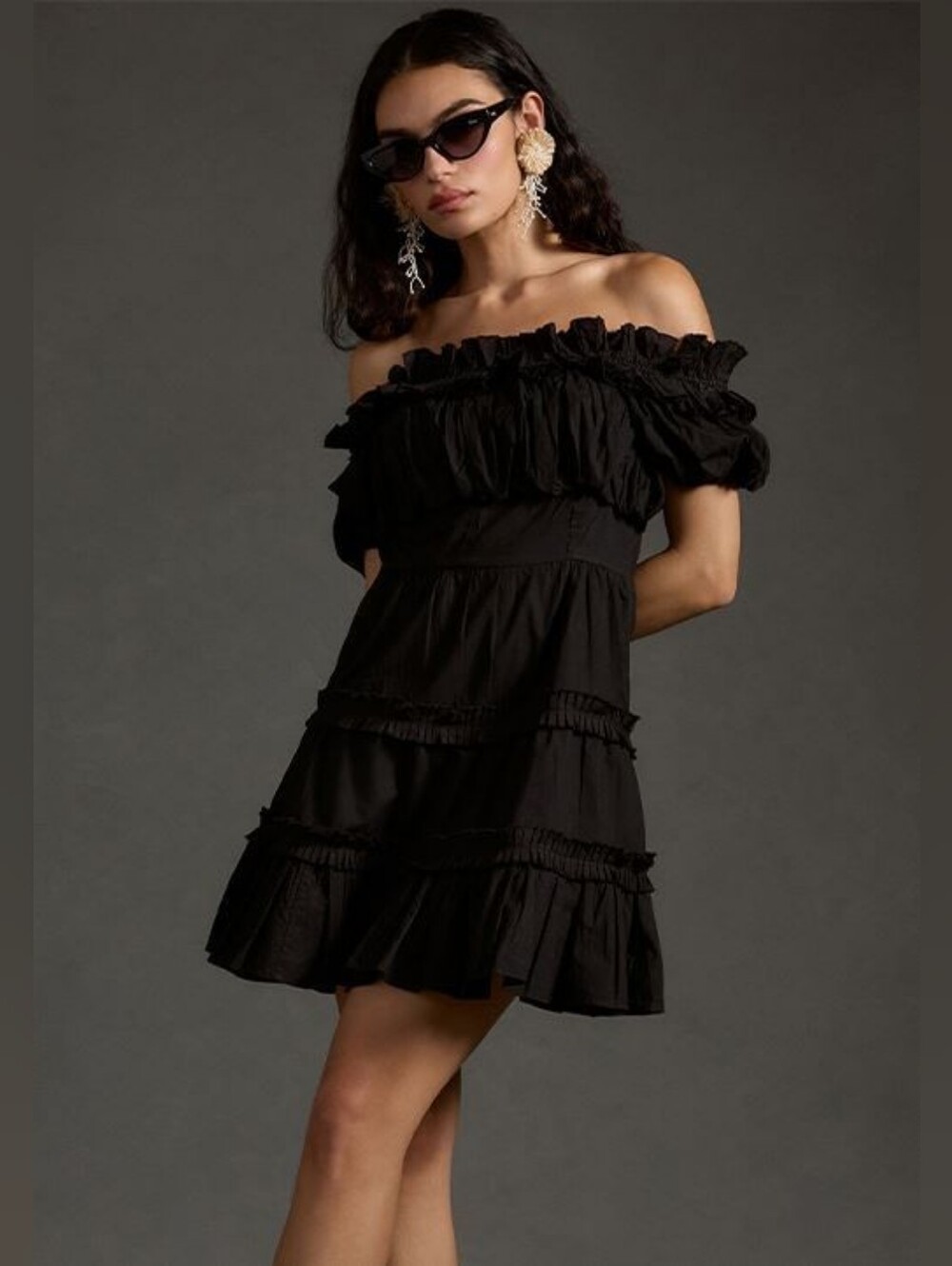 ​Anthropologie Love the Label Rosaline Black Off The Shoulder Ruffled Dress Sz S